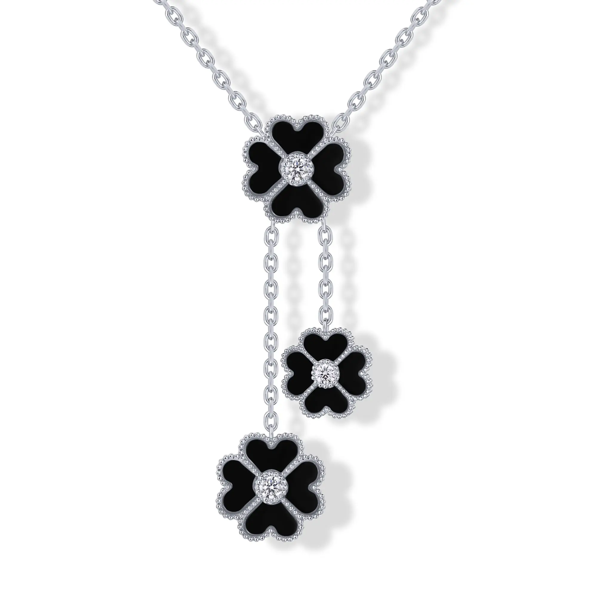 3 Black Onyx Clover - White Gold