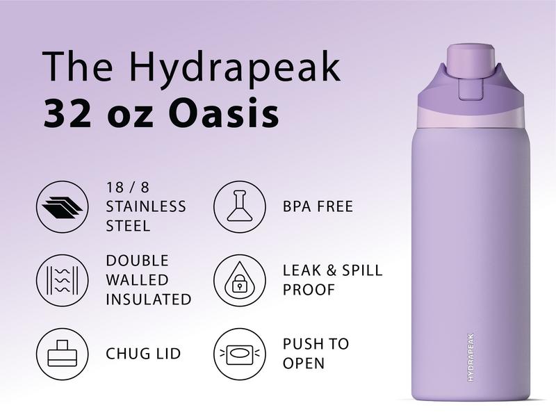 Hydrapeak Oasis 32oz Insulated Water Bottle 100% Leak Proof Stainless Steel Tumbler Cup Portable Drinkware Flask Mug