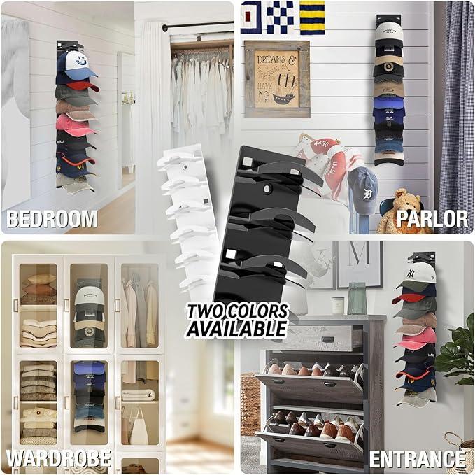2-Pack Wall-Mounted Hat Organizer | Baseball Cap Rack (Black), Adhesive valentine's gift for bf，Mount, Stable Structure, Holds 20 Hats, Easy Access & Installation, Hanging Display for Closet, Door & Bedroom，