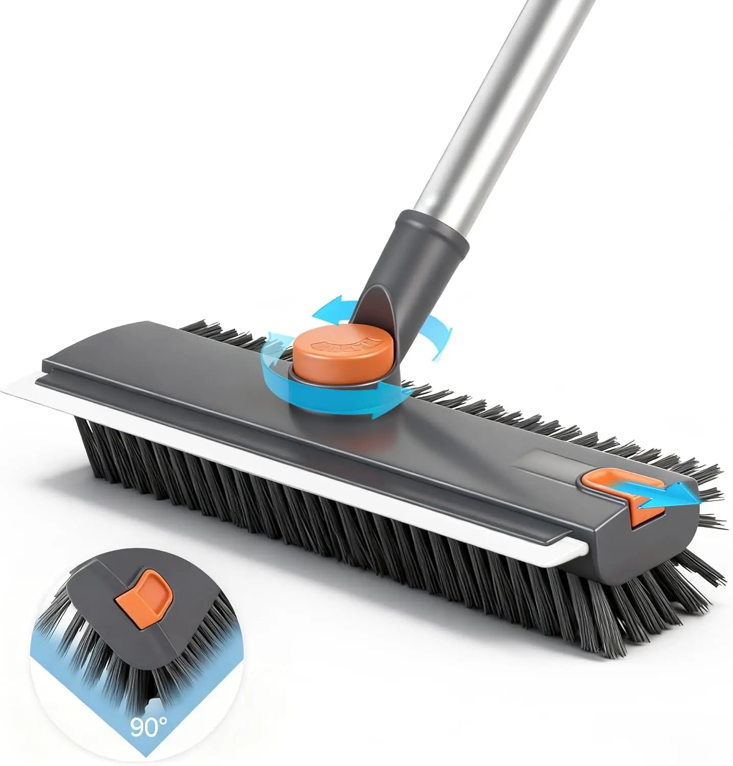 Floor Scrub Brush with Long Adjustable Handle, 3-in-1 Heavy-Duty Scrub Mop with Squeegee, Stiff 90° Bristle Floor Scrubber Broom for Bathroom Shower, Tile & Grout, Kitchen Floor, Garage, Deck & Patio