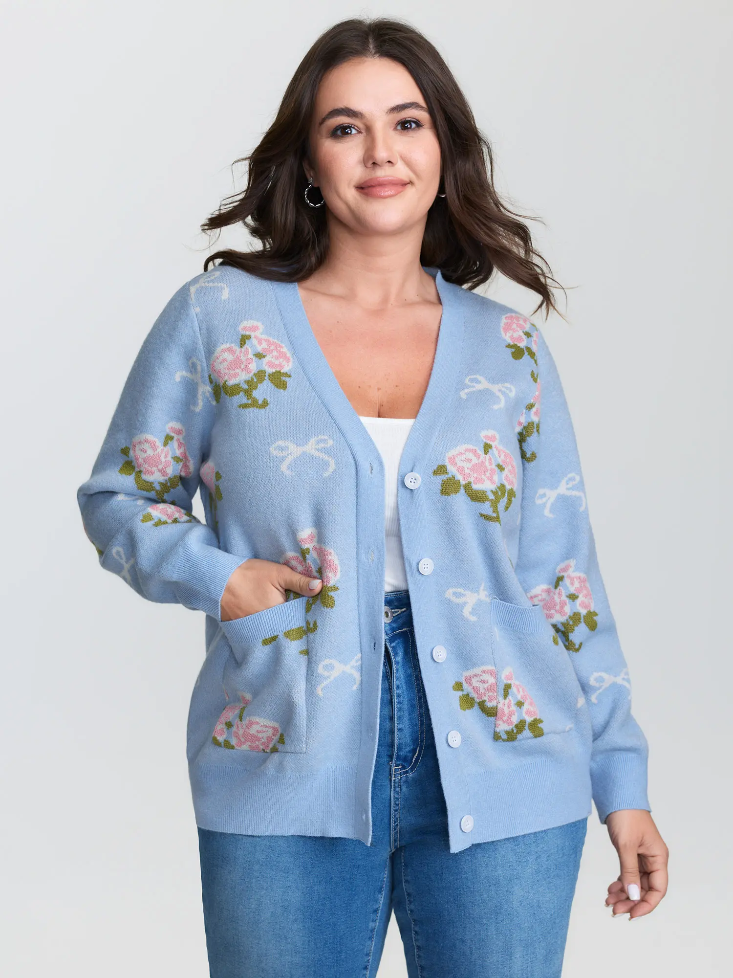 BloomChic Women's Playful Floral Jacquard Knit Cardigans, Deep V-Neck Long Sleeve Lightweight Fabric Summer Garment, Knitwear, Fit, Tops, Nylon, Low Iron, Cute, Polyester, Lady, Longsleeves, Pocket, Flowers, Floral Print, Button Closure, Regular Sleeve, V