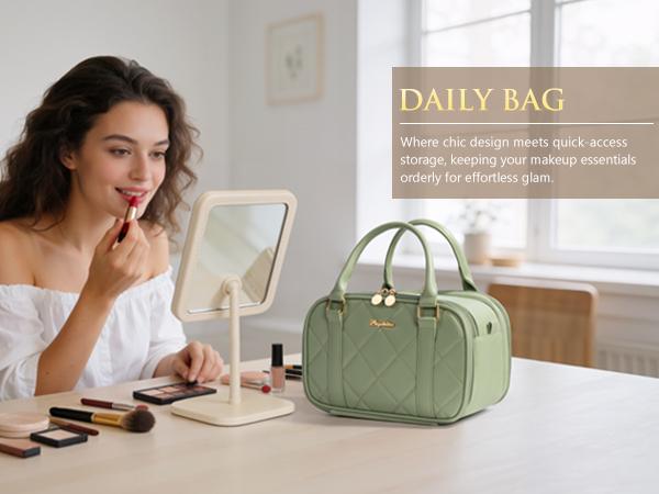 Bagstellar Wide-open  Makeup Bag, PU Leather Toiletry Bag for Women, Quilted Travel Bag Organizer Water-resistant Cosmetic Bag with Handle for Toiletries, Essentials, Accessories