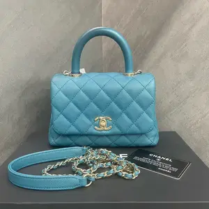 Pre-owned CHANEL Cowhide Shoulder Bags COCO HANDLE Mini Blue Calfskin Crossbody Bag with Light Gold Hardware