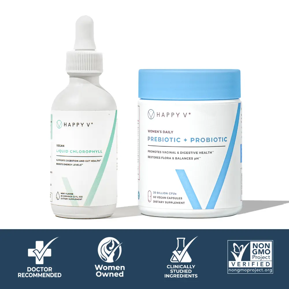 Happy V Fresh Start Kit: Vaginal Prebiotic + Probiotic for Women + Happy V Liquid Chlorophyll Natural Dietary Supplement Boost Mint Healthcare Wellness Edible