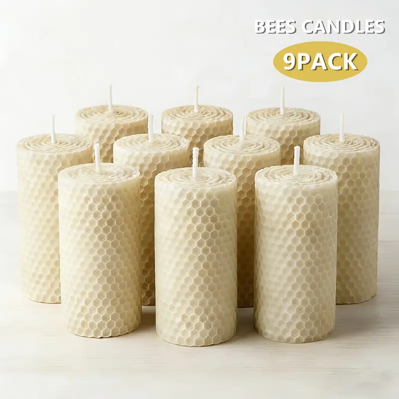 9-Piece 3.5x5cm White Beeswax Candle Set, Hand-Rolled with Honeycomb Texture, Clean-Burning, Sweet Scent-Releasing Ambiance Lighting, Wedding Decor & Dinner Party Setup, 2-Color Option, Home Gift