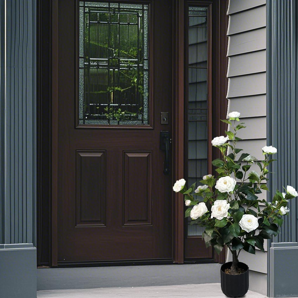 2 Pcs 3ft Artificial Camellia Trees with 24 Realistic Flowers 188 Leaves Decorative Pebbles and Planter for Indoor Home Office Outdoor Courtyard Decor