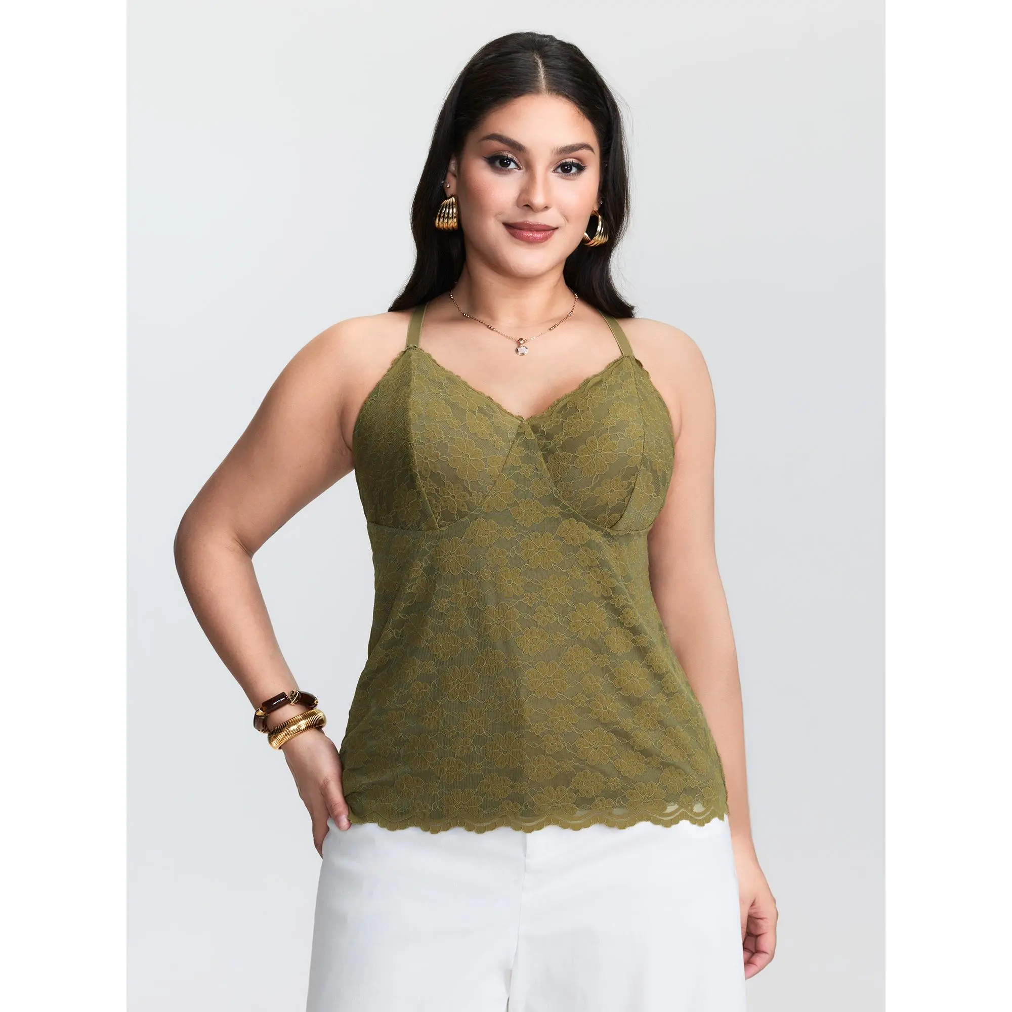 BloomChic Scalloped Lace Adjustable Fitted Tank Top 【M-6XL】