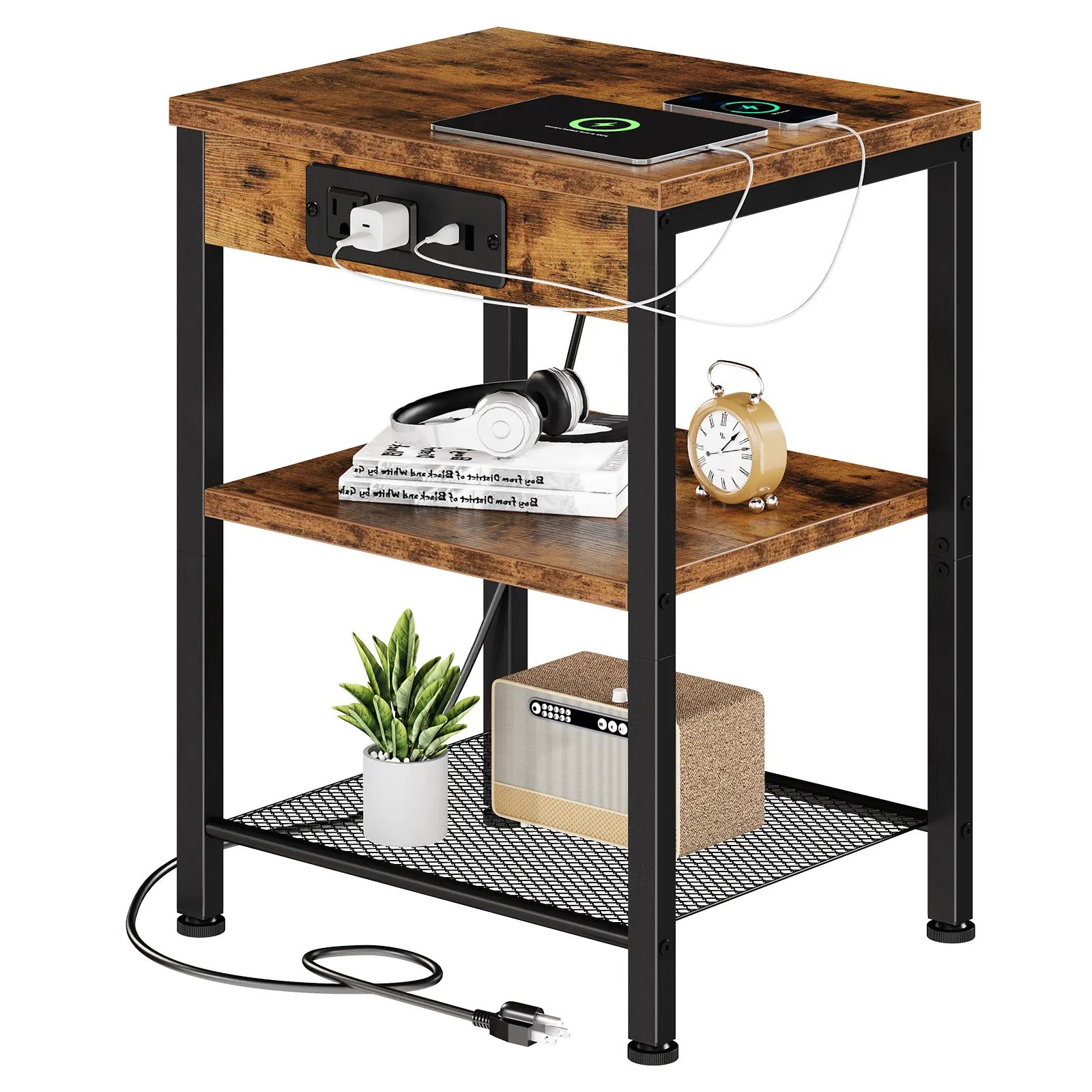 3-Tier Side End Table with Built-in Charging Station , Adjustable Storage Shelves, Industrial Wood Nightstand with Power Outlets, Anti-Slip Floor Protectors, Compact Sofa Side Table for Living Room, Bedroom, Office with 4.9ft Extension Cord