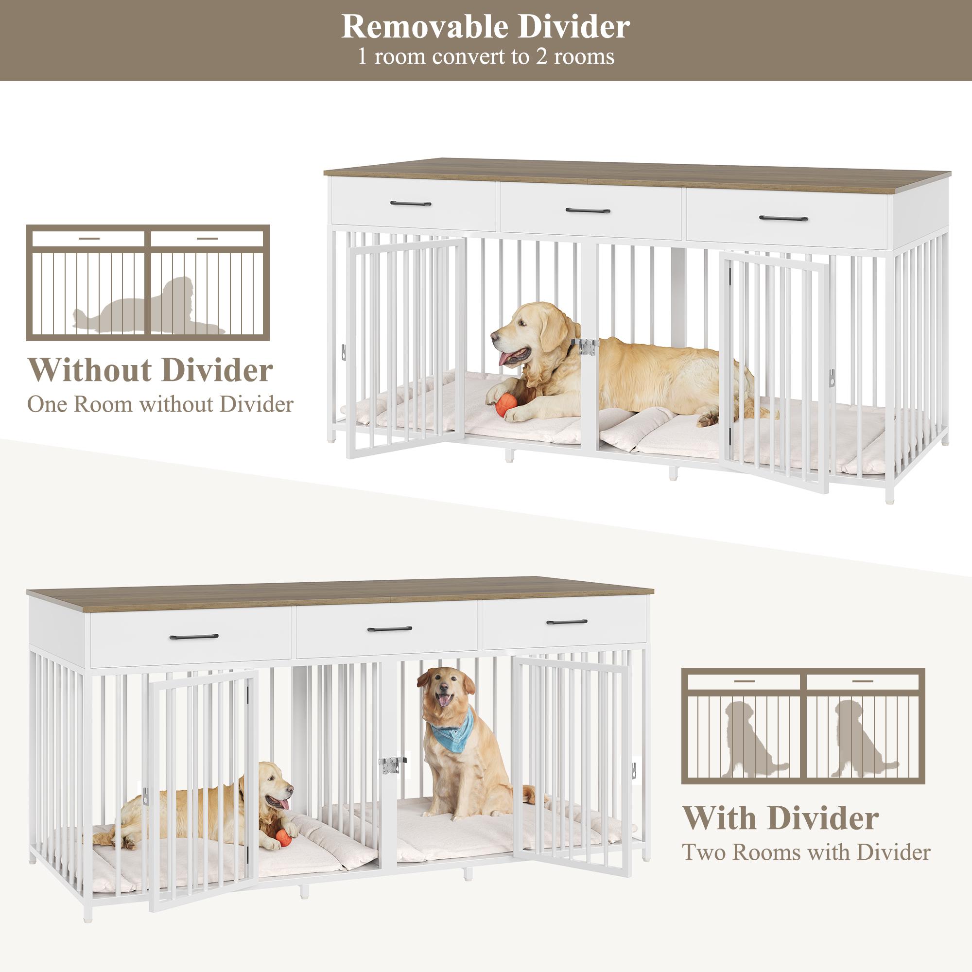 HOSTACK Double Dog Crates Furniture, 71" Wide Indoor Dog Kennel with 3 Drawers, Farmhouse Dog Cage for 2 Large/Medium Dogs with Removable Divider, Wooden Pet House
