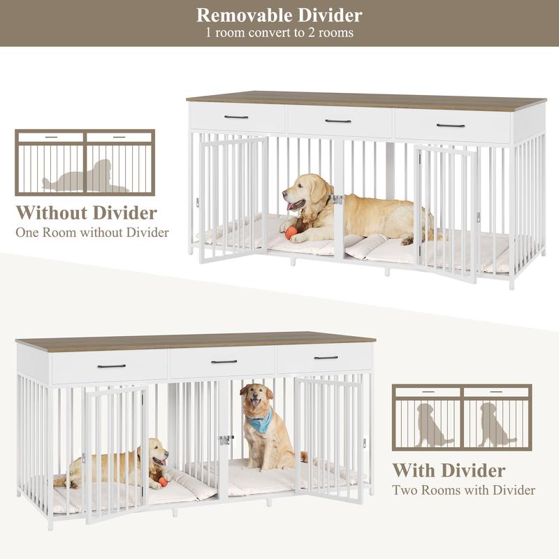HOSTACK Double Dog Crates Furniture, 71" Wide Indoor Dog Kennel with 3 Drawers, Farmhouse Dog Cage for 2 Large/Medium Dogs with Removable Divider, Wooden Pet House