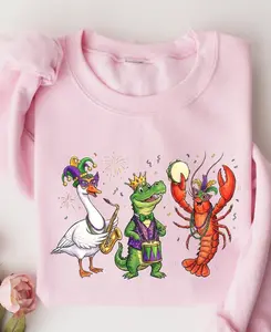 Retro Mardi Gras Sweatshirt/T-Shirt: Funny Crocodile Crawfish Goose Mardi Gras Matching Sweater Fleur De Lis Fat Tuesday