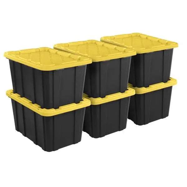 Sterilite 27 Gal Large Industrial Storage Bin, 6-Pack Durable Solid Plastic Tote with Snap-On Lid, Black & Yellow Bulk Storage Organizer for Car Organization & Home Organising