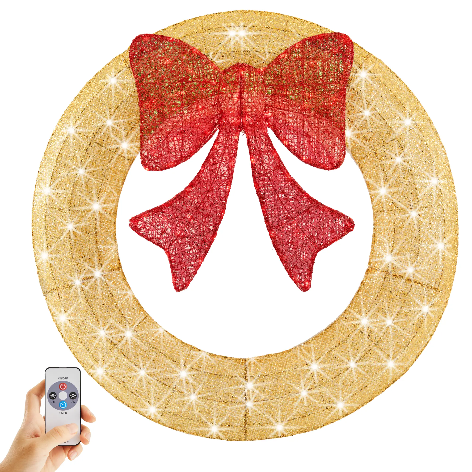 48IN Christmas Wreath with LED Lighted, Holiday Outdoor Decoration with Bow for Door, Mantel, Wall, Windows, Front Door Decor, Gold/Red