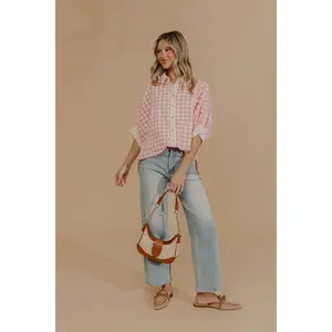 Picnic Perfect Gingham Button Up Top in Pink