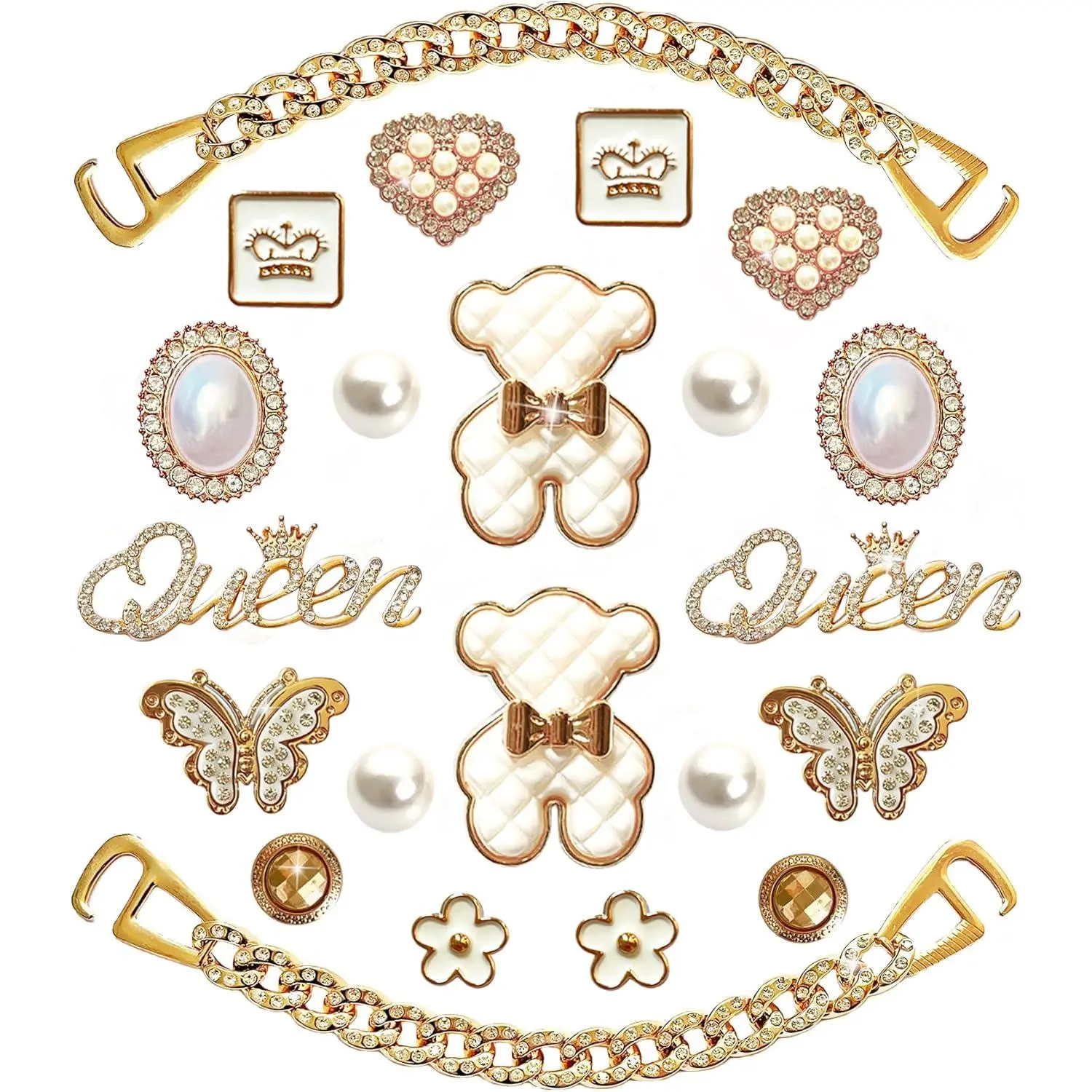 Women's Rhinestone Footwear Charms, 22-Piece Bling Resin Jewelry Set with 2 Golden Chains, Sweet Decorations for Clogs & Slides, DIY Thanksgiving Party Favors Gift Idea, Valentines Day, Mother's Day, Resin Charm, Elegant Shoe Decoration Charms