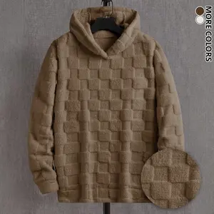 Men’s double-sided velour hooded sweatshirt for autumn and winter—a casual, fashionable checkerboard-patterned jacquard pullover with a fluffy plush texture, suitable for everyday commuting and weekend leisure wear.