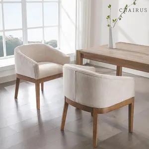 CHAIRUS Modern Solid Wood Dining Chairs Set of 2, Upholstered Linen Fabric Side Chair for Kitchen,Living Room,Farmhouse Round Barrel Chairs,Minimalist Accent Chairs Wood Frame Beige