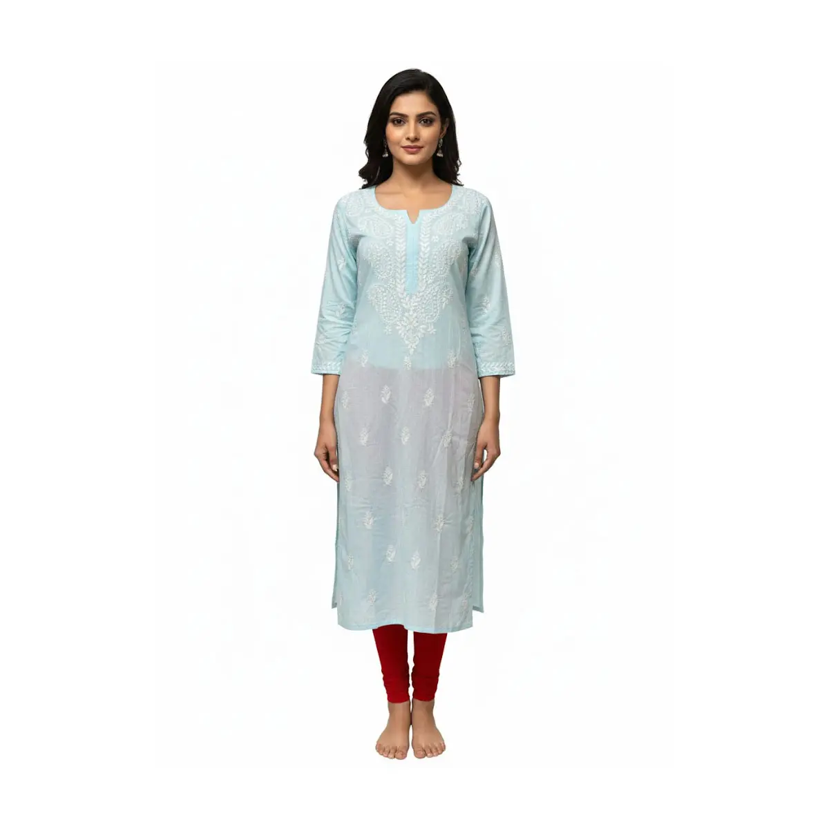 #Top-102 Sky Blue Chikankari Embroidered Kurti/Tunic – 3/4 Sleeve, Knee Length