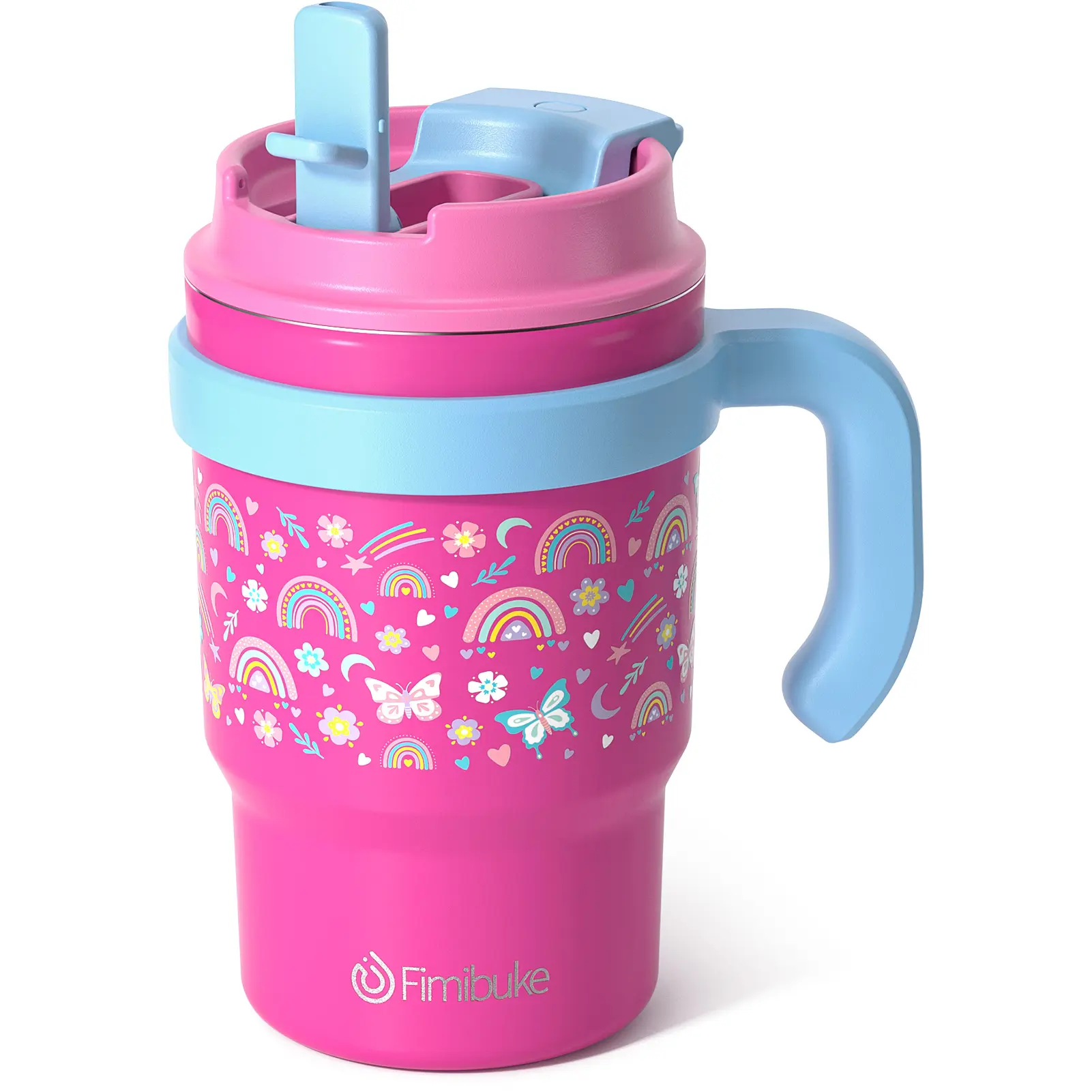 Fimibuke Sturdy Double Wall Thermal Insulated Tumbler - 16oz Portable 18/8 Stainless Steel Flask, Airtight Leak-Proof 2-in-1 Sip/Swig Lid, Handle, Straw, BPA-Free Cupholder Fit Water Bottle for School