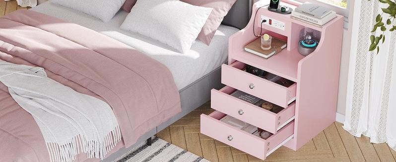 Sikaic Nightstand with 3 Drawers Charging Station Pink