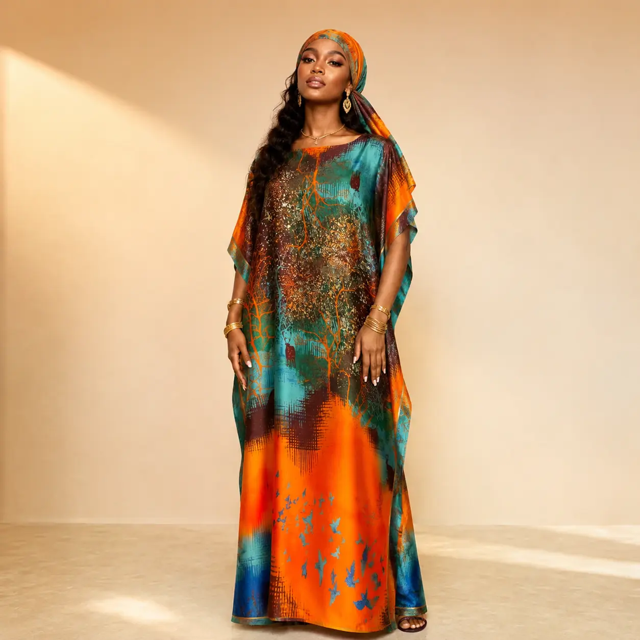 Women's 2-Piece Kaftan Dress Set, Boho Print Silky Satin Maxi Gown with Matching Scarf, Lightweight Beach Cover Up & Vacation Clothes, Casual