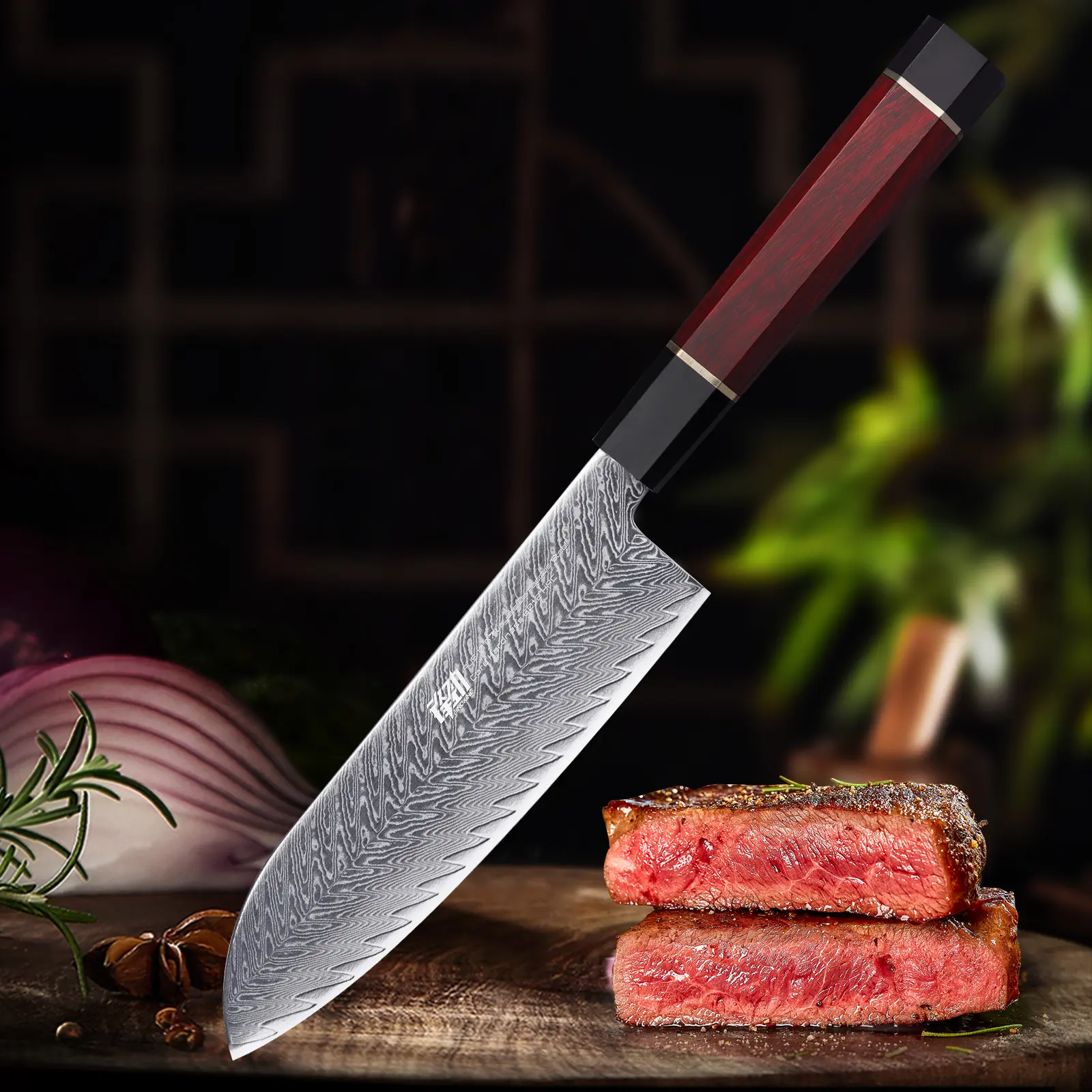FINDKING Red Samurai Series 7-Inch Thick Santoku Chef Knife - AUS-10 Damascus Steel Blade, Ergonomic Wooden Grip, Adult Kitchen Utensil for Vegetable Prep, Effortless Slicing