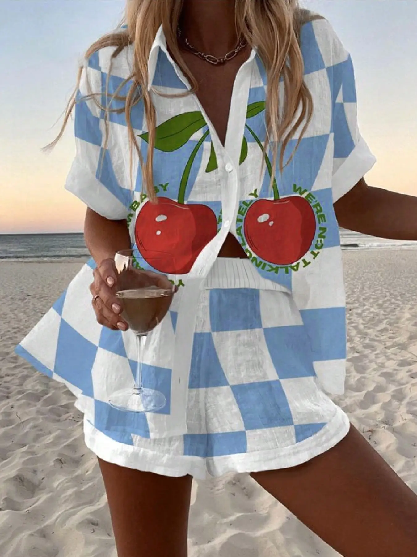 Cherry Clash Bohemian Brunch Wear for Women – Loose Plaid Short Sleeve Cardigan + Matching Shorts, Casual Summer Beach Fashion Outfit, Beachwear