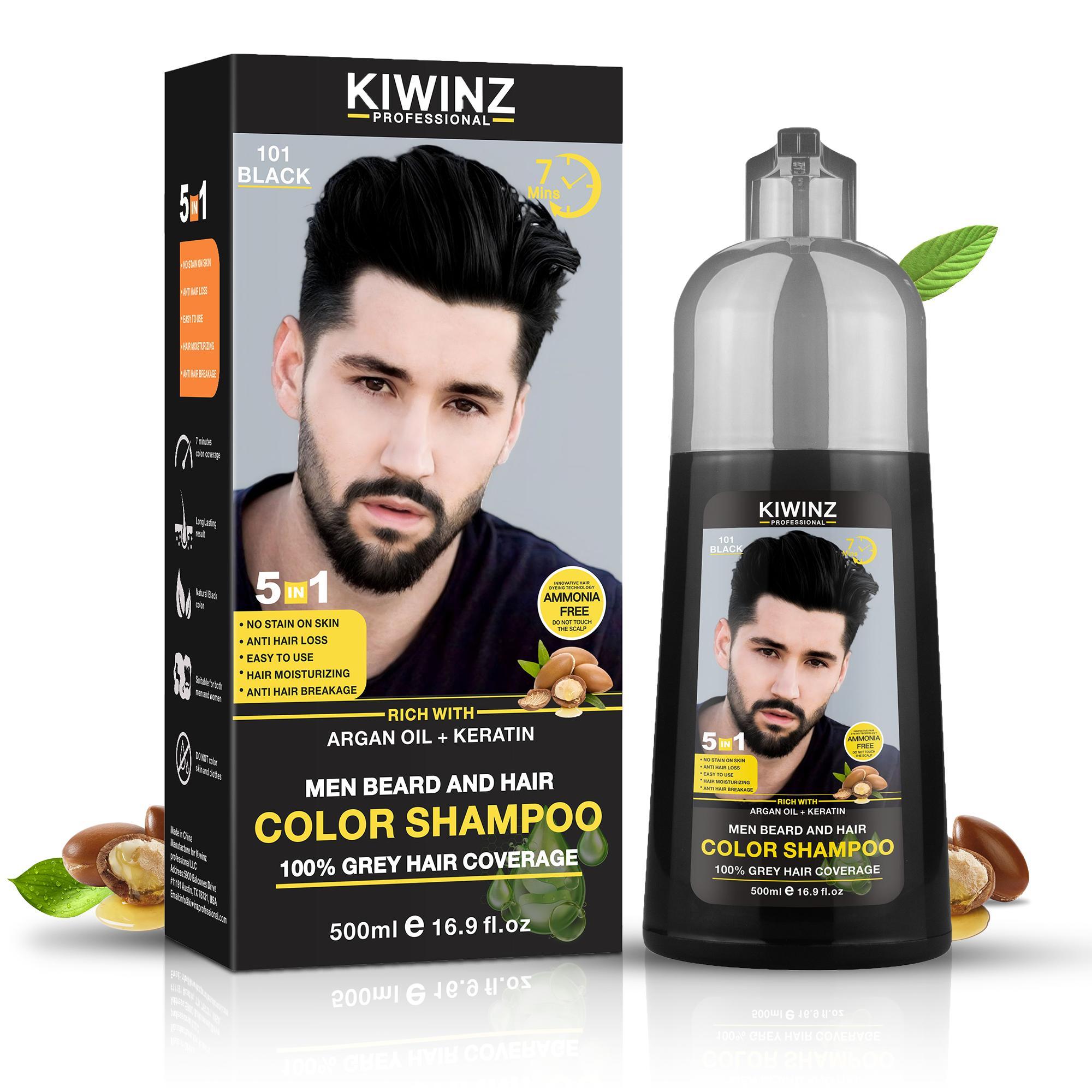 KIWINZ PRO 5 in 1 Men Beard & Hair Dye Shampoo - 5-in-1 Formula with Argan Oil & Keratin - No Stain on Skin - Anti-Hair Loss - Moisturizing & Breakage Solution - Hair Color Shampoo for Men Haircare Conditioner 500ml