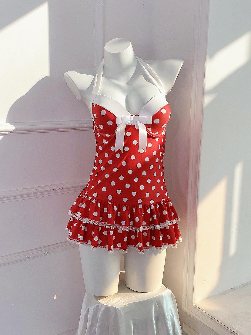 Blue 1940s Halter Polka Dots Bow One-Piece Swimsuit