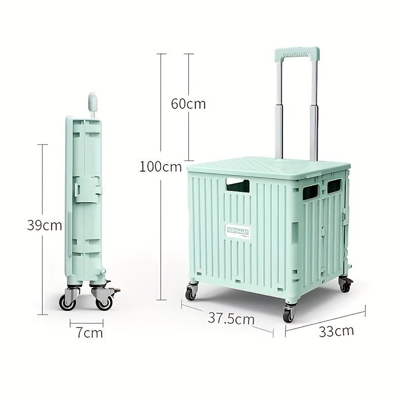 1 foldable portable handcart, 45L foldable handcart, portable small trailer, detachable plastic travel storage box, outdoor handcart with 4 swivel wheels and lid, mobile storage box for camping, shopping, and picnicking