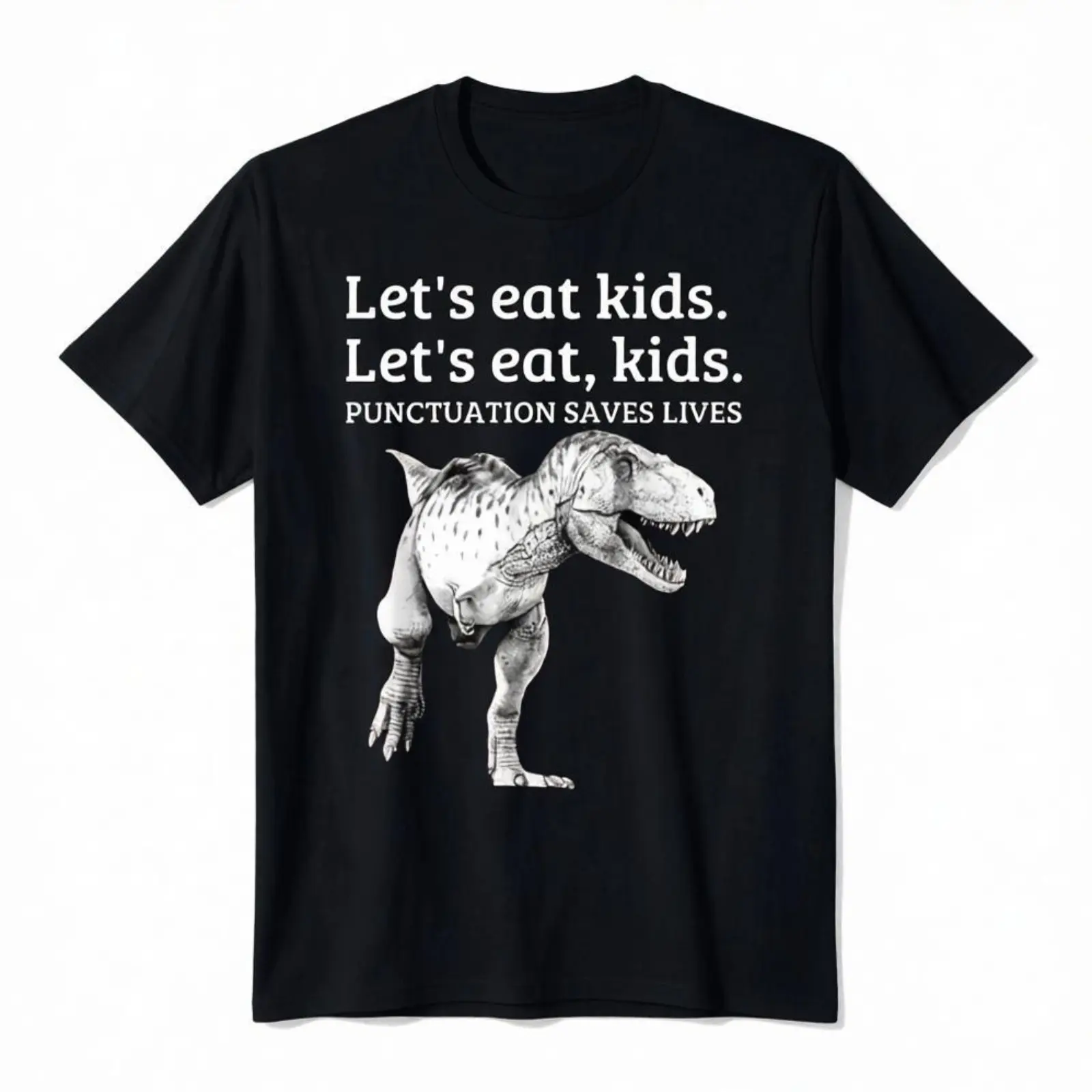 Crew Neck Funny Punctuation Saves Lives T-Rex Dinosaur Graphic Tee, Vintage Retro Look Casual Wear for Grammar Teachers (No Box Included), Vintage Graphic Tees, Funny Graphic Tee
