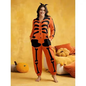 BLOOMCHIC Skeleton Printed Button-Up Hooded Lounge Jumpsuit 2026 Summer Vibes