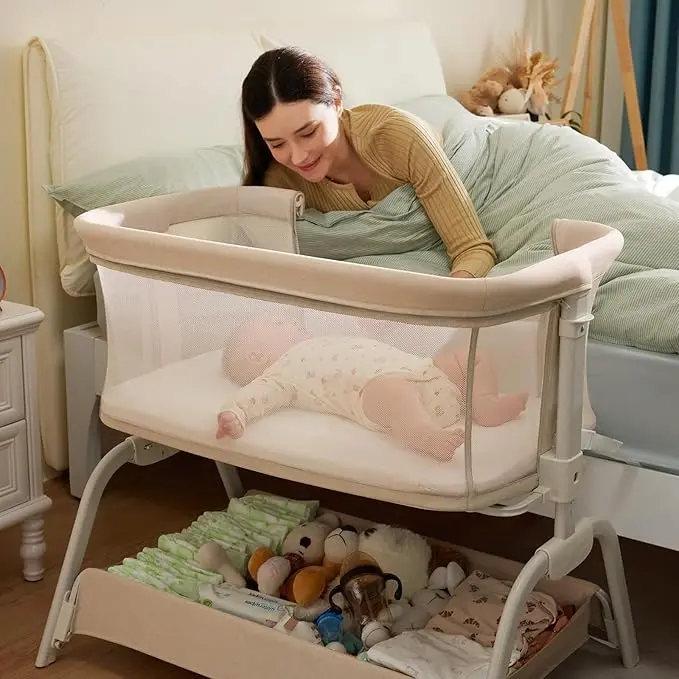 [backtoschool ]HARPPA Baby Bassinet 2-in-1 Cuddly Lite &Bedside Sleeper, storage Bassinet for Baby with Wheels & Storage Basket, Portable Crib, Breathable Mesh and Mattress, Height Adjustable, mothersdaygift, Baby Furniture, Newborn Baby,back to school