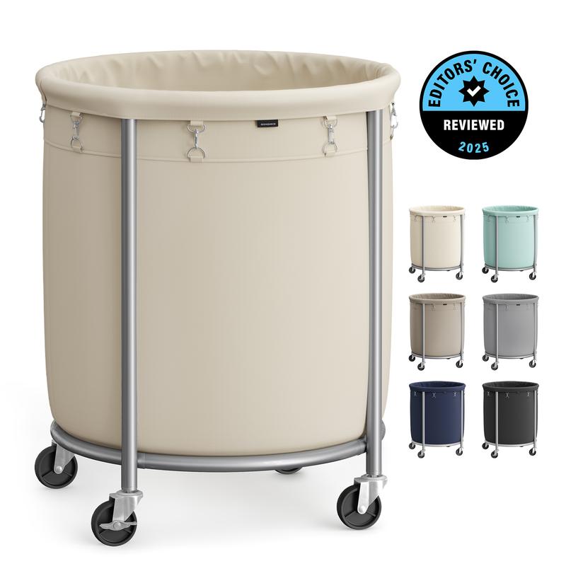 SONGMICS Laundry Basket with Wheels, Rolling Laundry Hamper, Round Laundry Cart with Steel Frame and Removable Bag ,Organiser
