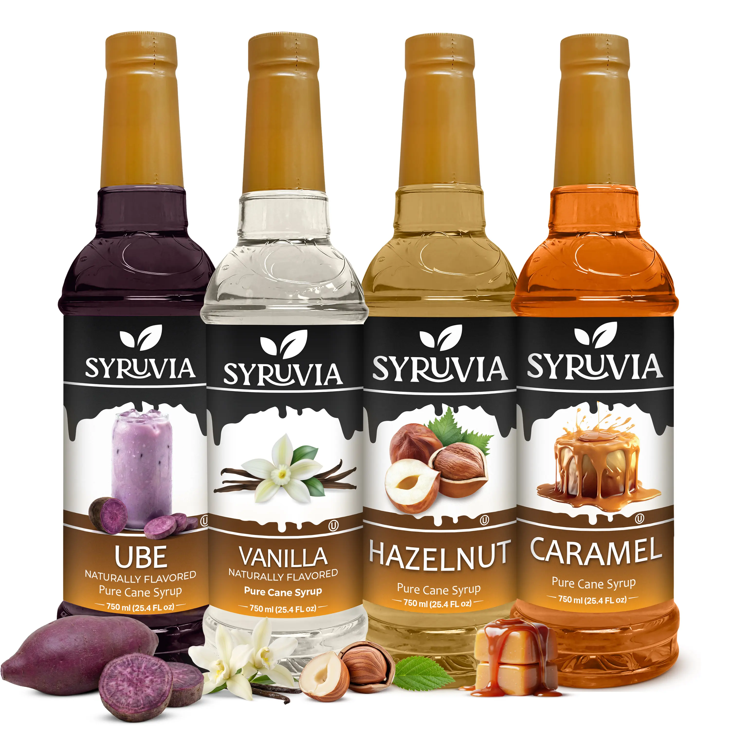 Syruvia Cafe Collection, Variety Pack – Ube, Vanilla, Hazelnut & Caramel Flavored Syrup – Perfect for Coffee, Mochas, Iced Drinks & Desserts – 25.4 Fl oz Bottles (4 Pack)