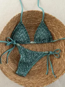 HOT CURVE 2026 Spring/Summer Green Special Fabric Women's Swimwear, Spaghetti Strap Halter Solid Color Sexy Side Tie Thong Bikini Two-Piece Swimwear Teal Bikini Tie Bikini Set Textured Bikini Triangle Bikini Triangle Bikini Set