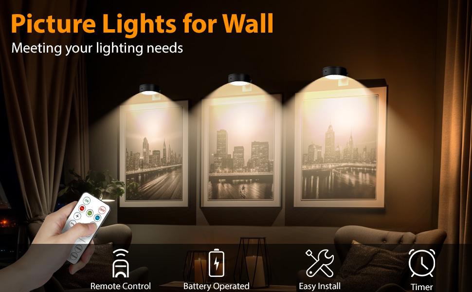 3Pcs Picture Light Battery Operated, Wireless Led Painting Light with Remote Dimmable and Timer, 3 Lighting Modes Art Display Light for Picture Frame Artworking Portrait, Wall Decorative Puck Lights