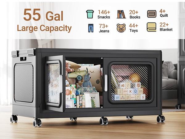 BROVIEW V80 165-300Gal Plastic Collapsible Storage Bins, Plastic Extra Large Storage Bins with Wheels, Stackable Closet Organizer and Storage Drawers, Black