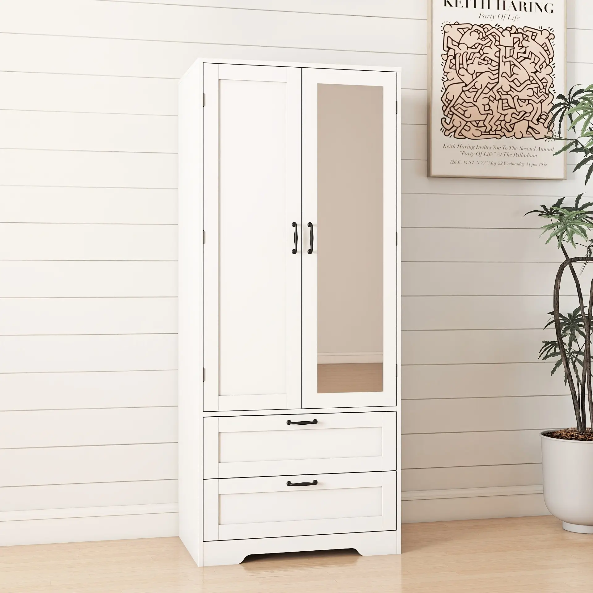 65.3" Tall Sliding Door Armoire Wardrobe Closet - 2-Door, 2 Large Drawers, Hanging Rod, Anti-Tip Kit, Mirror, Freestanding Indoor Furniture Storage for Bedroom, Cloak Room, 65.3" Tall Storage, 65.3 Inches