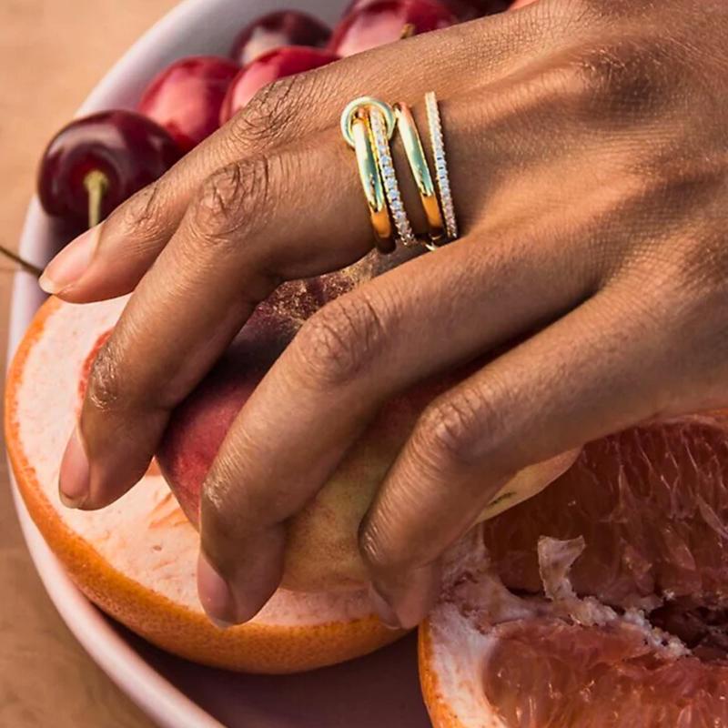 Tewiky Gold  Interlocked Stackable Rings for Women - Statement Multi Ring Mixed Metals Stack - Cubic Zirconia Two-Toned Stacking Jewelry