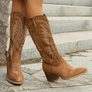 Elegant Women's Embroidered Cowboy Boots - Pointed Toe, Chunky Heel, Mid-Calf with Side Zipper, Faux Cover Lining, TPR/Rubber Sole, Perfect for Stylish Outfits, Cowgirl Boots Walking Shoes Footwear