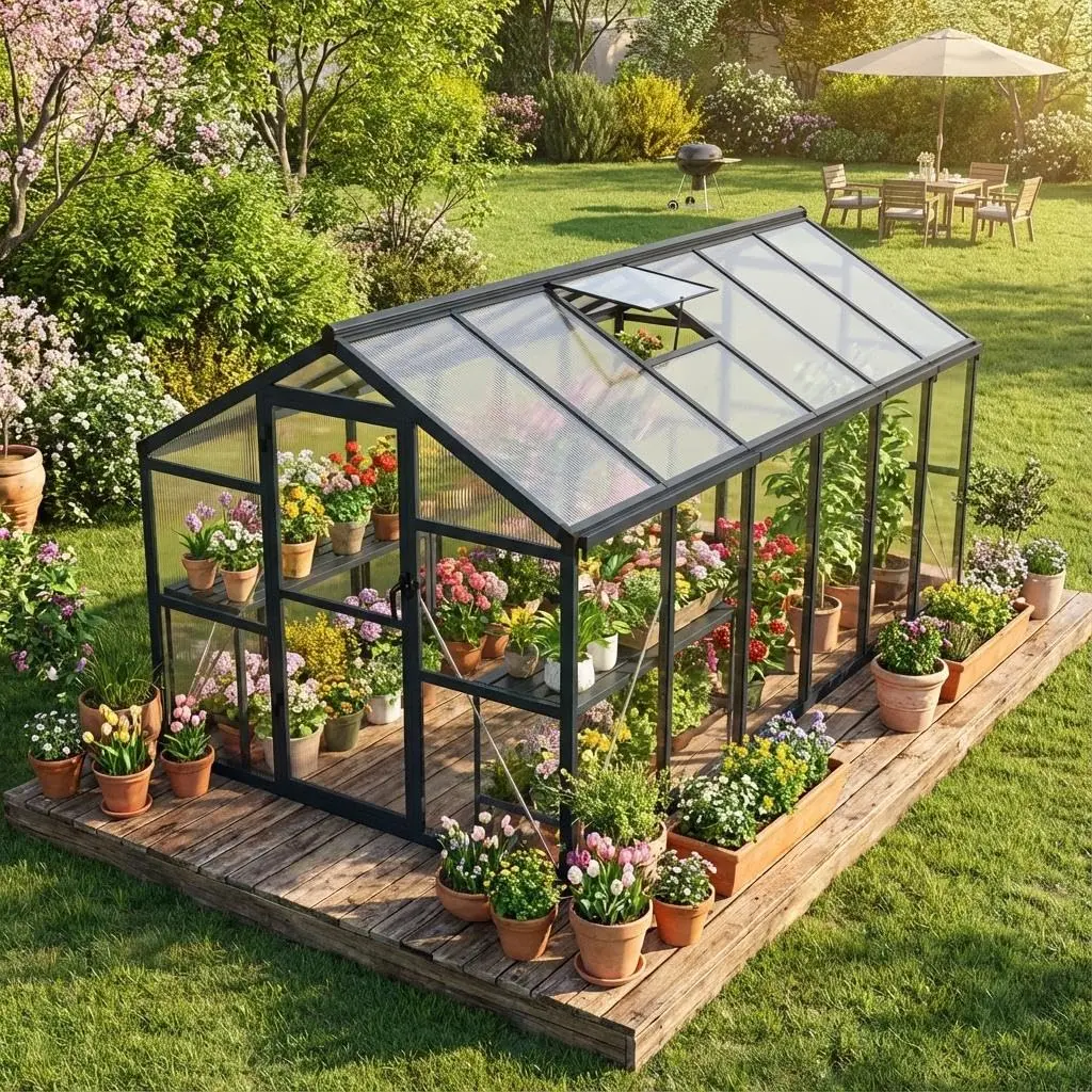 Gaomon 8x12 FT Adjustable Polycarbonate Walk-in Greenhouse - Heavy-Duty Aluminium Frame Outdoor Structure with Roof Vent, Lockable Outward-Opening Swing Door, Ventilated, UV Blocking, Climate Control for Garden, Backyard, Adjustable Greenhouse, Gardening
