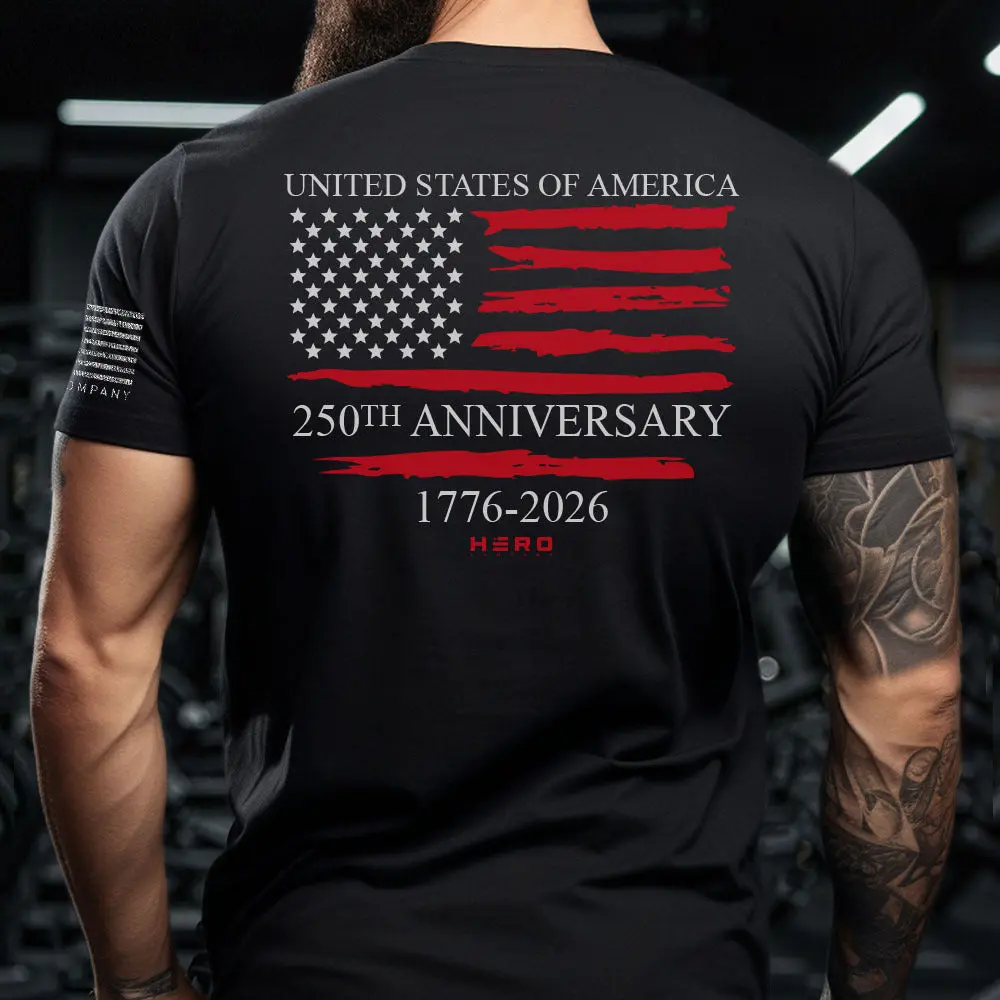 Hero Company Men's USA 250th Anniversary Black Tee TT- Helps Pair Veterans With A Service Dog or Shelter Dog