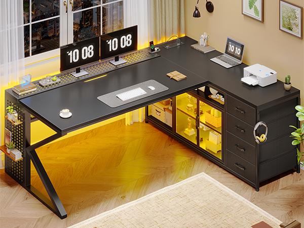SEDETA 63-Inch L-Shaped Gaming Desk Computer Desk with 4 Drawers and Display Cabinet Executive Office Desk with Storage Shelves and LED Light