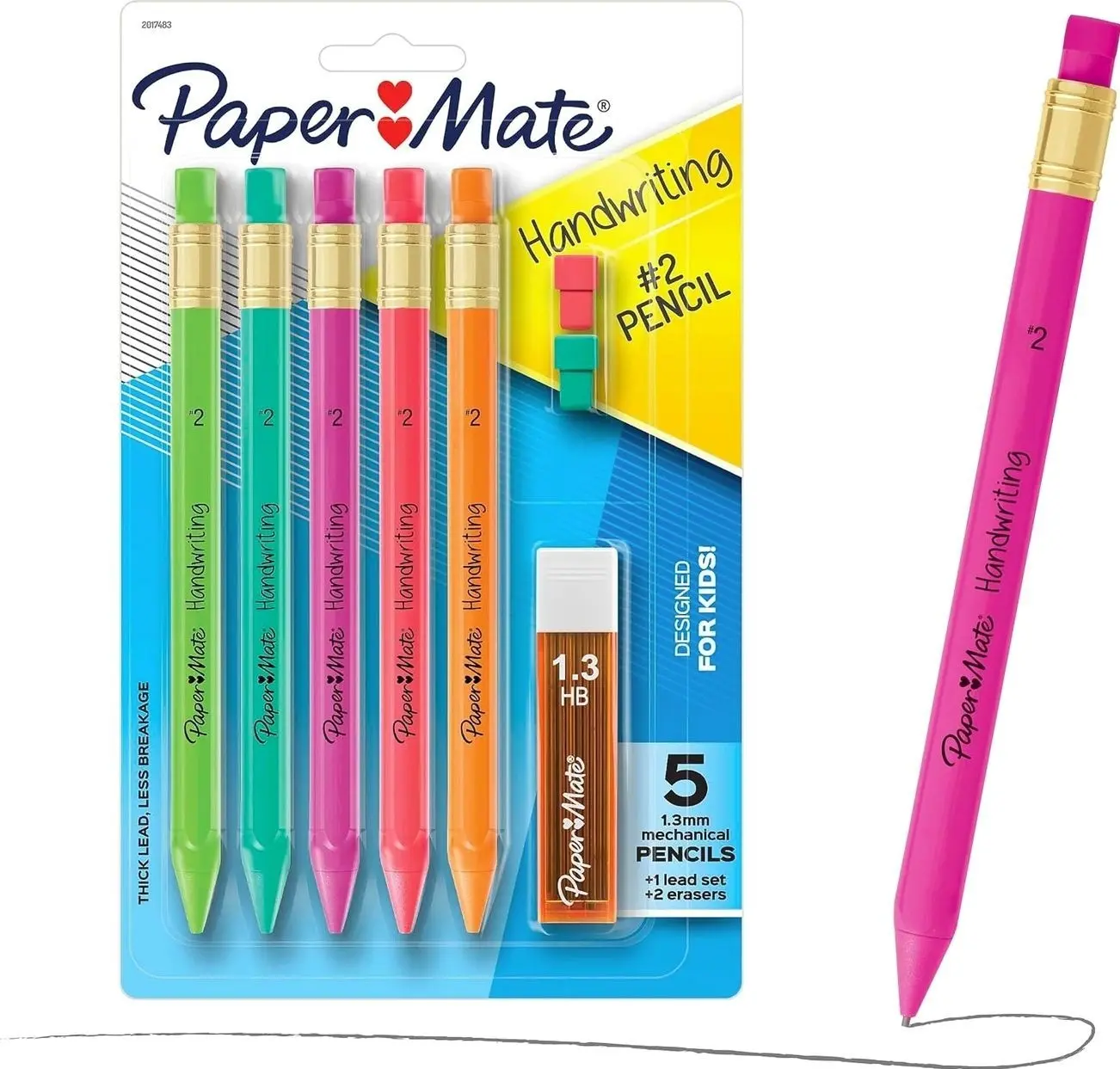 Paper Mate Handwriting Triangular Mechanical Pencils with Lead & Eraser Refills, 1.3mm, Fun Barrel Colors, School Supplies, Kids Writing