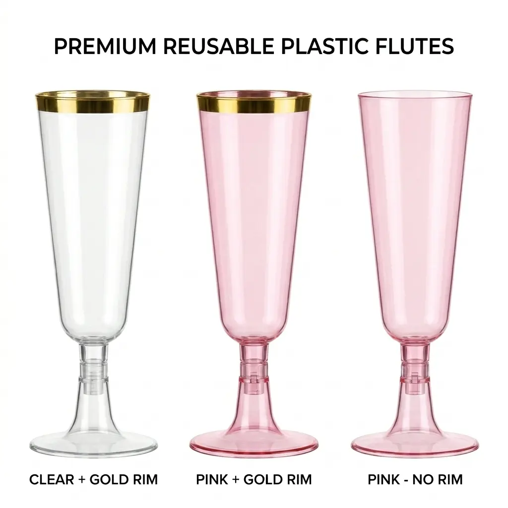 50 Pack Assemble Plastic Champagne Flutes 5 oz – White with Gold Rim, Pink with Gold Rim, Pink (No Rim) – Snap Together Disposable Toasting Glasses for Wedding, Mimosa Bar, Engagement, Party, Graduation