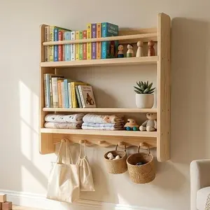 Wooden Floating Bookshelf, 23.6in 2-Tier Anti-Tipping Wall-Mounted Storage Organizer with Ledge Hooks Bar, Solid Pine Wood Neutral Decor for Nursery, Bedroom