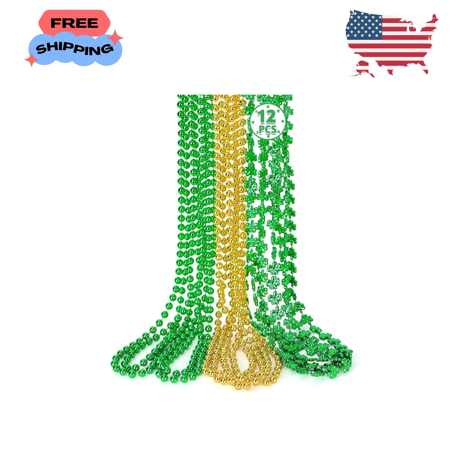St Patricks Day Necklaces, Gold Green Beads Shamrocks Necklace