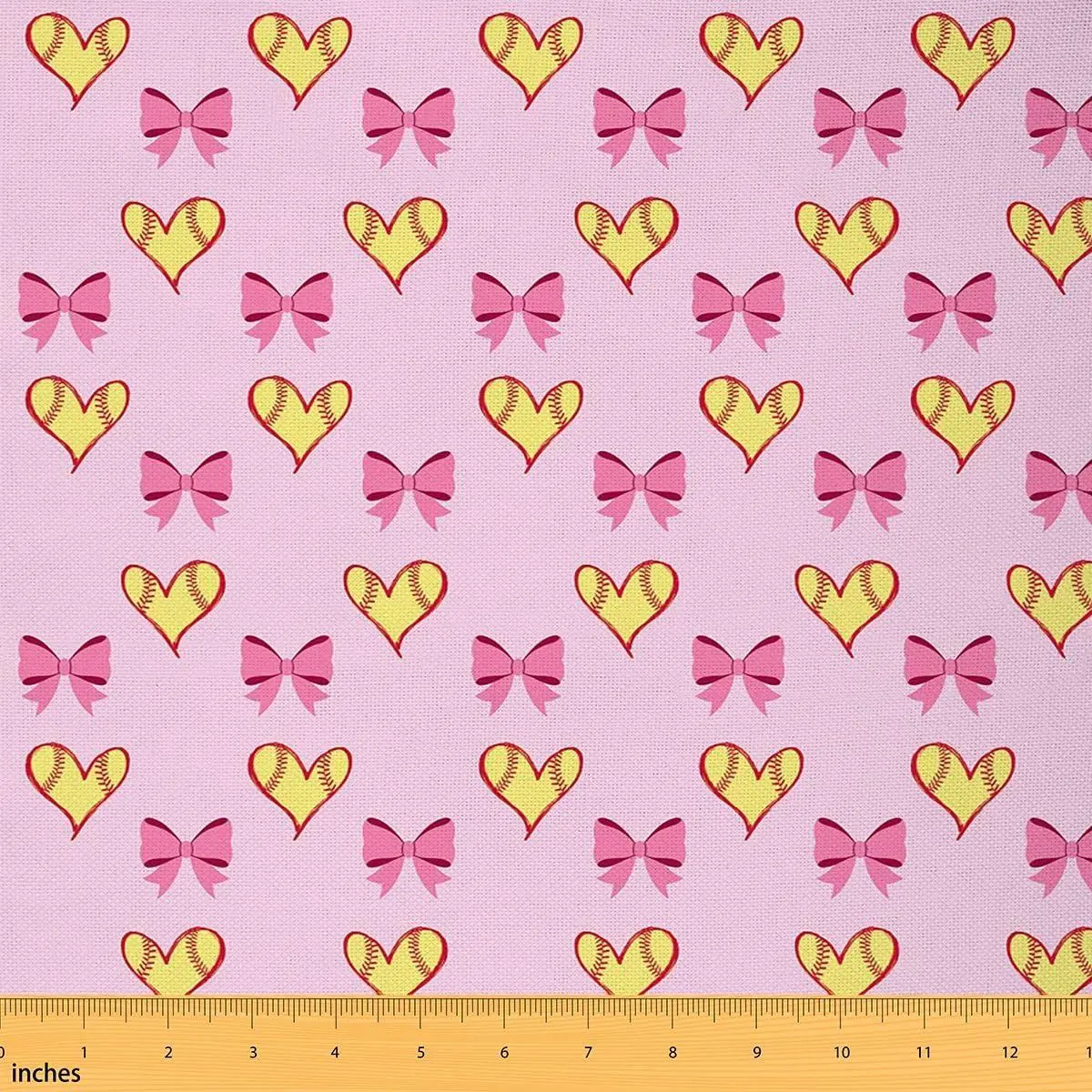 Softball Fabric by The Yard,Pink Bow Soft Polyester No Stretch Fabric for Sewing Lover,Softball Sports Player Crafting Supplies,Cartoon Love Heart