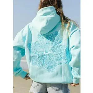 2025 Spring Pink Palm Bubble Embroidery Casual Hoodie for Women with Pocket Creative Hooded Sweatshirt Versatile Streetwear Pullover Womenswear Tops Long Sleeve Winter